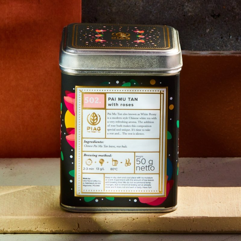 502.Pai Mu Tan with Roses Piag Tea- Biała herbata z dziką różą 50 g puszka Piag the fresh Tea - 1