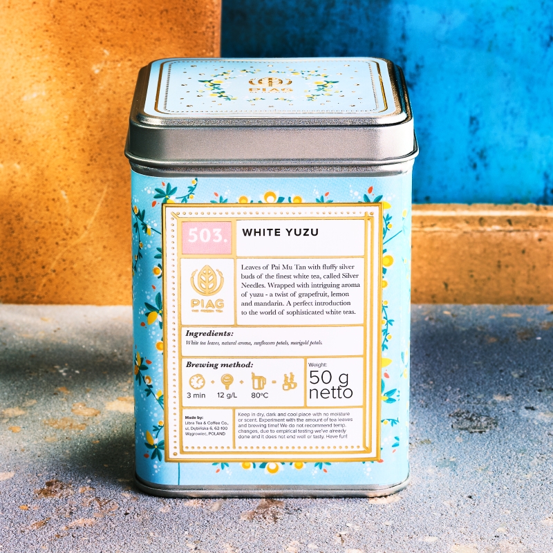 503.White Yuzu Piag Tea- Biała Herbata z naturalnym olejkiem owocu yuzu 50 g puszka Piag the fresh Tea - 2