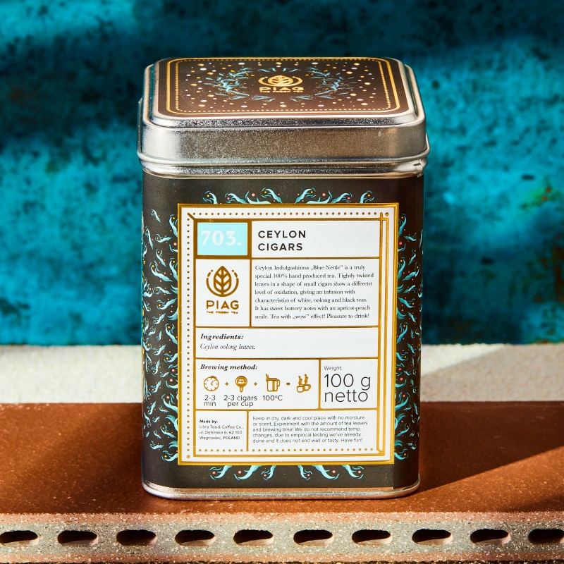 703.Ceylon Cigars Piag Tea- Herbata z biodynamicznej plantacji wykonywana technika podwójnego suszenia 100 g puszka Piag the fre