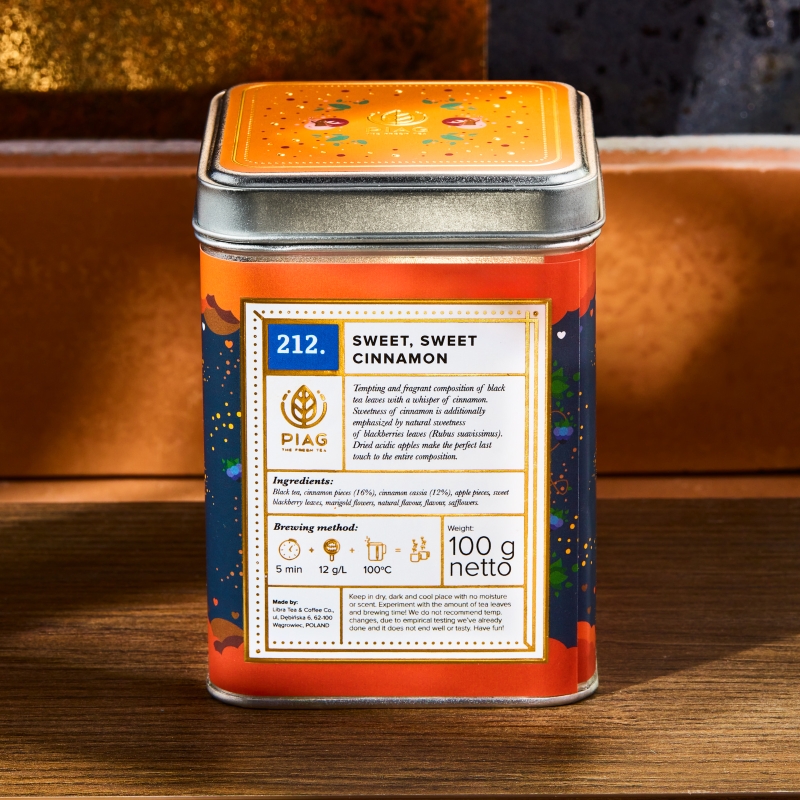 212.Sweet Sweet Cinnamon Piag Tea- Kompozycja liści czarnej herbaty z cynamonowym szeptem (naturalnie słodka) 100 g puszka Piag 