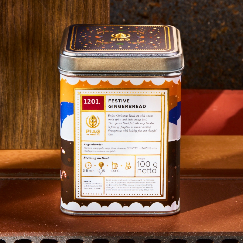1201.Festive Gingerbread Piag Tea- Herbata pachnąca piernikami i świąteczną krzątaniną 100 g puszka Piag the fresh Tea - 5