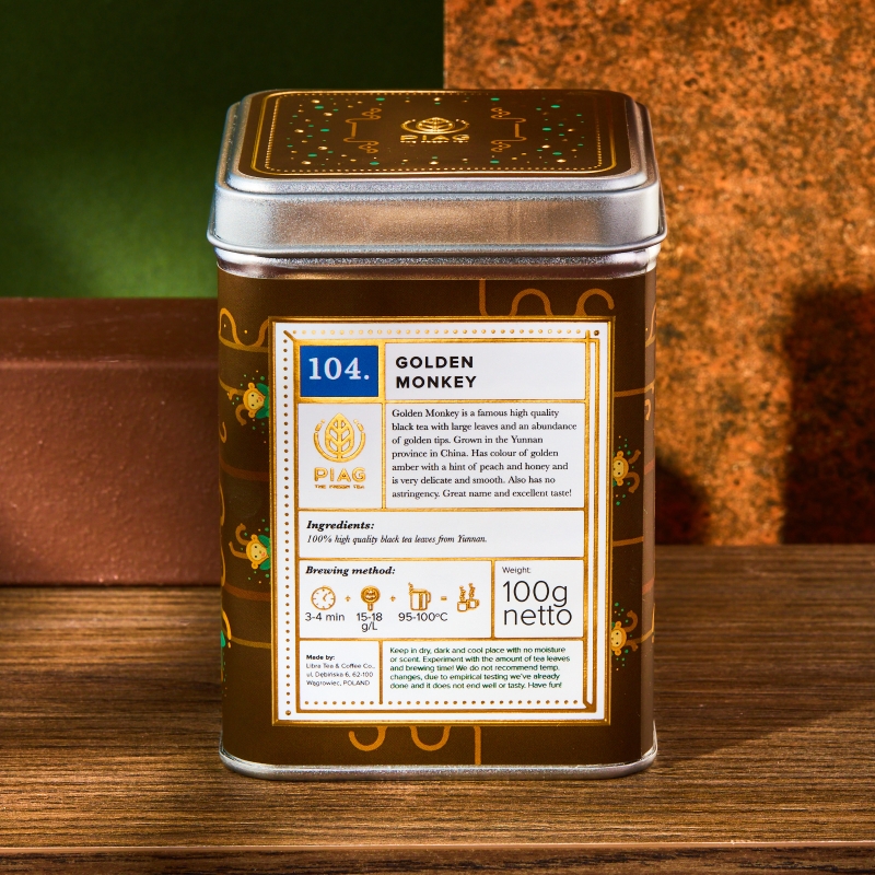 104.Golden Monkey Piag Tea- Czarna herbata Yunnan o niespotykanej historii, wyglądzie i aromacie 100 g puszka Piag the fresh Tea