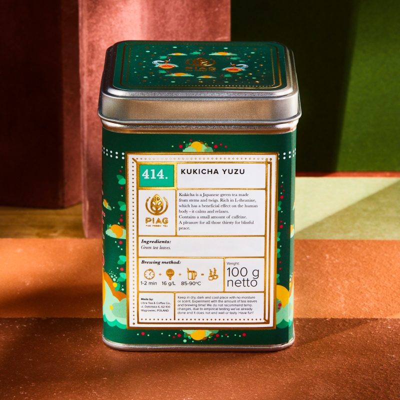 414.Kukicha Yuzu Piag Tea- Japońska zielona herbata Kukicha z cytrusem Yuzu 100 g puszka Piag the fresh Tea - 4