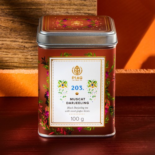 203.Muscat Darjeeling Piag Tea- Czarna herbata Darjeelin pierwszego zbioru z naturalnym aromatem winogron muscat 100 g puszka Pi