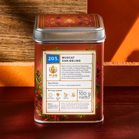 203.Muscat Darjeeling Piag Tea- Czarna herbata Darjeelin pierwszego zbioru z naturalnym aromatem winogron muscat 100 g puszka Pi