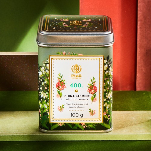 400.China Jasmine with Blossoms Piag Tea- Zielona herbata pachnąca kwieciem jaśminu 100 g puszka Piag the fresh Tea - 1