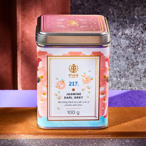 217.Jasmine Earl Grey Piag Tea- Porywająca czarna herbata Earl Grey o zapachu jaśminu i cytrusów 100 g puszka Piag the fresh Tea