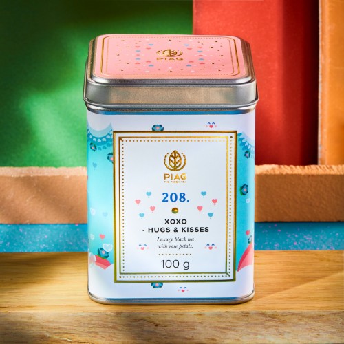 208.Xoxo Hugs & Kisses Piag Tea- Luksusowa czarna herbata z płatkami róży (herbata zakochanych)100 g puszka Piag the fresh Tea -