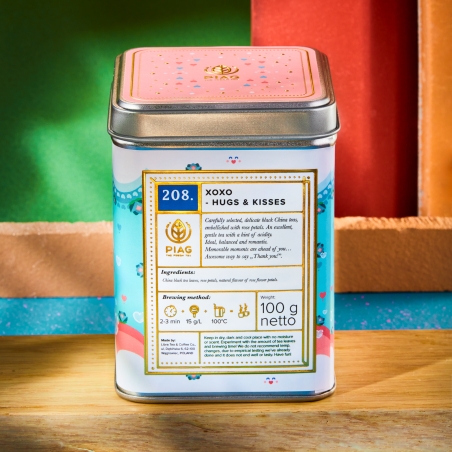 208.Xoxo Hugs & Kisses Piag Tea- Luksusowa czarna herbata z płatkami róży (herbata zakochanych)100 g puszka Piag the fresh Tea -