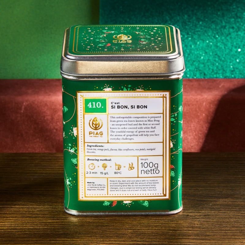410.C'est si bon, si bon Piag Tea- Świetna zielona herbata z grejpfrutowym pazurem 100 g puszka Piag the fresh Tea - 2