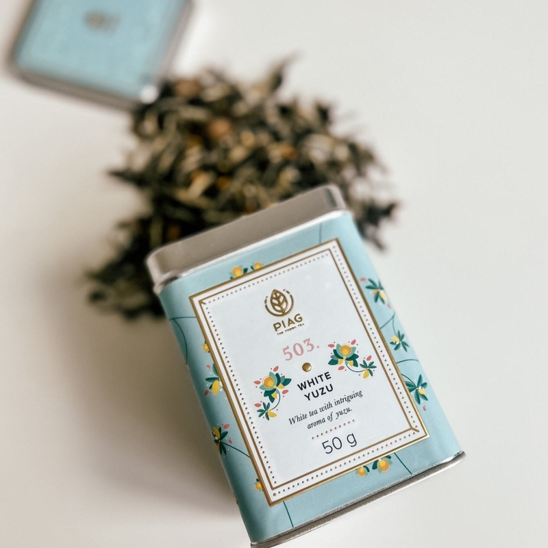 503.White Yuzu Piag Tea- Biała Herbata z naturalnym olejkiem owocu yuzu 50 g puszka Piag the fresh Tea - 5