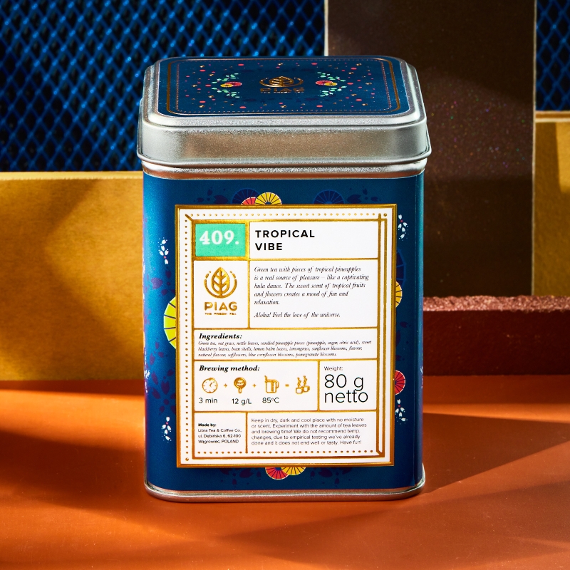 409.Tropical Vibe Piag Tea- Fenomenalna zielona herbata z kawałkami ananasów i kwiatem granatu 80 g puszka Piag the fresh Tea - 